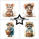Illustrations of animals with baskets of Easter eggs and flowers, featuring 'Paper Favourites' branding.