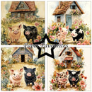 Four panels of pigs in a village scene with houses and flowers, featuring 'Paper Favourites' branding.