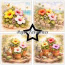 Set of four images featuring tropical flowers, pots, and gardening tools with 'Paper Favourites' branding.