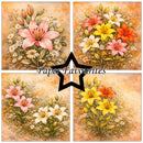 Four floral arrangements with 'Paper Favourites' logo in the center.