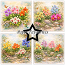 Four floral designs with butterflies and birds, featuring the brand 'Paper Favourites'.