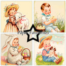 Set of four vintage-style illustrations featuring children with animals and Easter-themed elements, branded 'Paper Favourites'.
