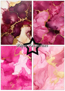 Three panels of pink and gold abstract art with 'Paper Favourites' branding.