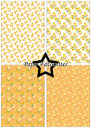 Four different patterns of yellow ducklings on a white background with 'Paper Favourites' branding.