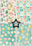 Four Easter-themed paper designs with eggs and flowers, branded 'Paper Favourites'.