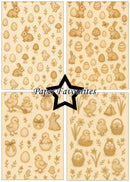 Set of four Easter-themed paper patterns with bunnies, eggs, and chicks on a beige background.