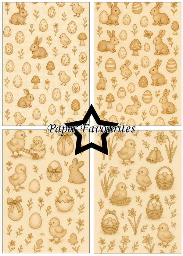 Set of four Easter-themed paper patterns with bunnies, eggs, and chicks on a beige background.