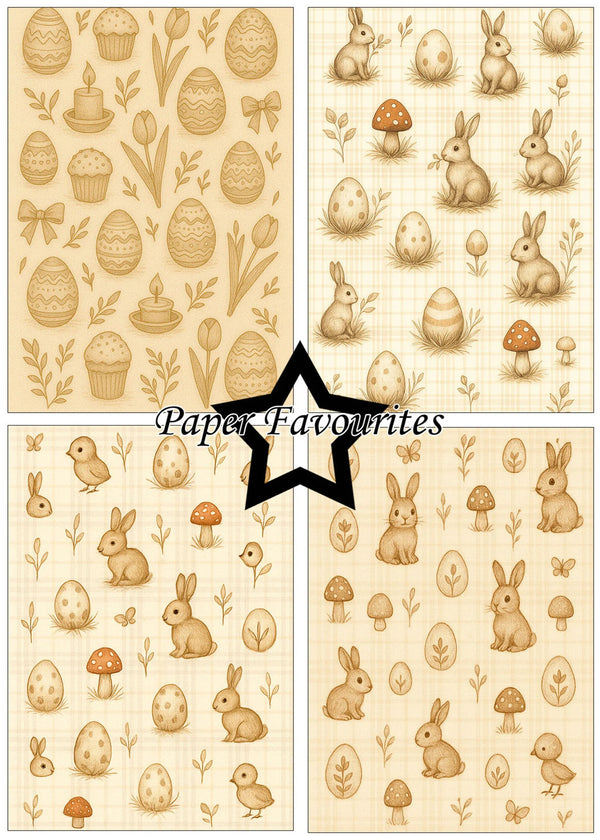 Set of four Easter-themed paper designs featuring bunnies, eggs, and plants with 'Paper Favourites' branding.