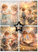 Collage of four illustrations of children in fairy costumes by a lake, with 'Paper Favourites' branding.
