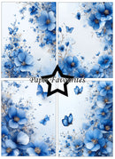 Set of four blue floral designs with butterflies on a white background, featuring 'Paper Favourites' branding.