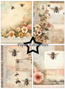 Collage of vintage-style paper designs with flowers and bees, featuring the brand 'Paper Favourites'.