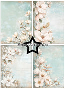 Set of four floral designs with white flowers on a light blue background, featuring the brand 'Paper Favourites'.
