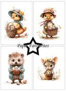 Four cute animal illustrations with Easter baskets and eggs, featuring a duck, hedgehog, mouse, and rabbit, with 'Paper Favourites' branding.