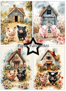Four illustrations of pigs and houses with 'Paper Favourites' branding.