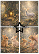 Collage of four enchanting forest scenes with a fairy, deer, rabbits, and a fairy house.