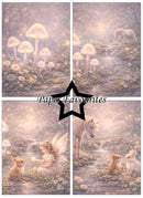 Collage of fantasy scenes with fairies, unicorns, and animals in a mystical setting.