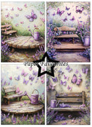 Collage of a garden scene with a bench, watering can, and butterflies, featuring 'Paper Favourites' branding.