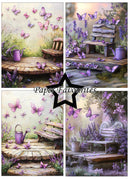 Collage of four scenic images with benches, lavender, and butterflies, featuring 'Paper Favourites' branding.