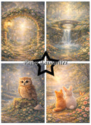 Collage of four scenic images including a garden arch, waterfall, owl on a stump, and two cats in a field with flowers. Each image is labeled 'Paper Favourites'.