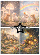Collage of four scenic illustrations featuring animals, mushrooms, a rainbow, and cottages with 'Paper Favourites' branding.