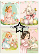 Vintage-style Easter illustrations with children and animals, featuring 'Happy Easter' text and 'Paper Favourites' branding.