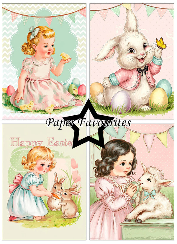 Vintage-style Easter illustrations with children and animals, featuring 'Happy Easter' text and 'Paper Favourites' branding.