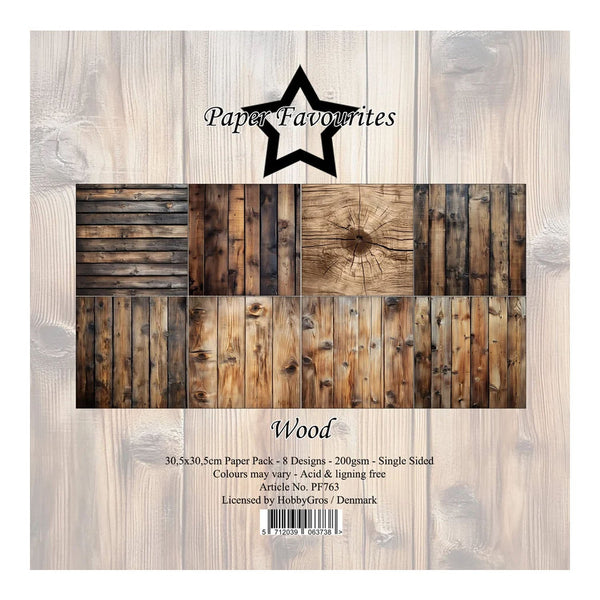 Packaging of 'Wood' paper pack with various wood texture designs on a wooden background.