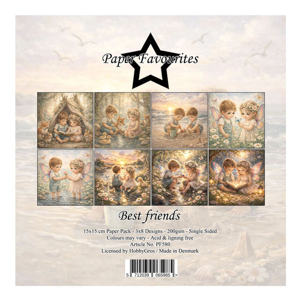 Packaging of 'Best Friends' paper pack by Paper Favourites with images of children and fairies.