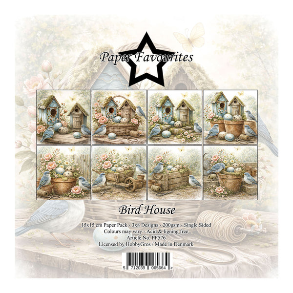 Packaging of 'Bird House' paper pack by Paper Favourites with illustrations of birdhouses and birds.