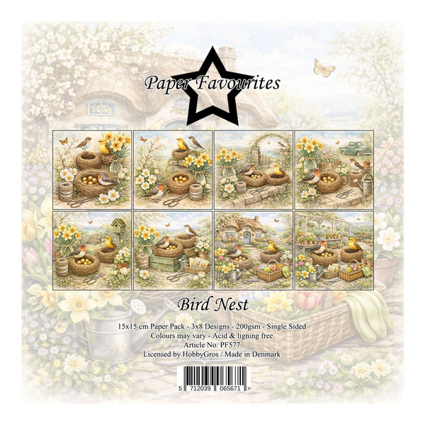 Packaging of 'Bird Nest' paper pack with illustrations of bird nests and flowers, featuring the brand 'Paper Favourites'.