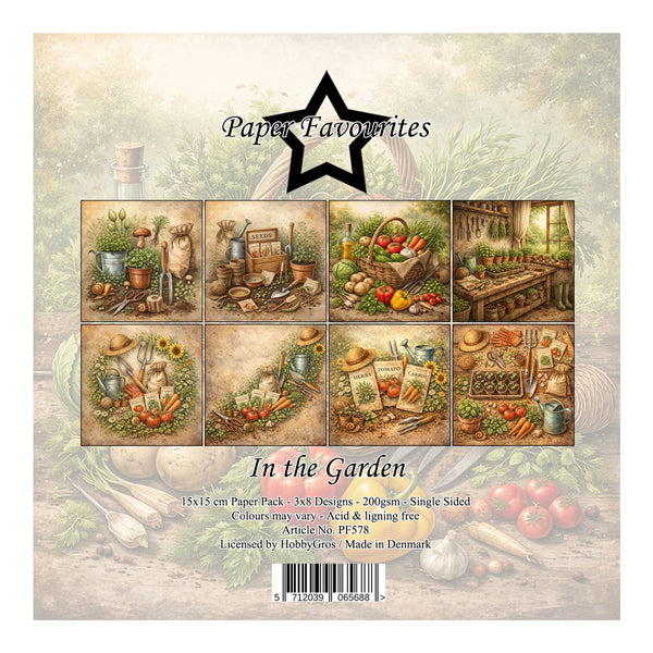 Packaging of 'In the Garden' paper pack by Paper Favourites with images of garden-themed designs.