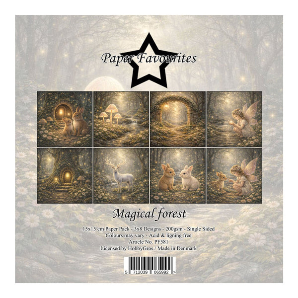 Packaging of 'Magical forest' paper pack by Paper Favourites with illustrations of nature and fantasy scenes.