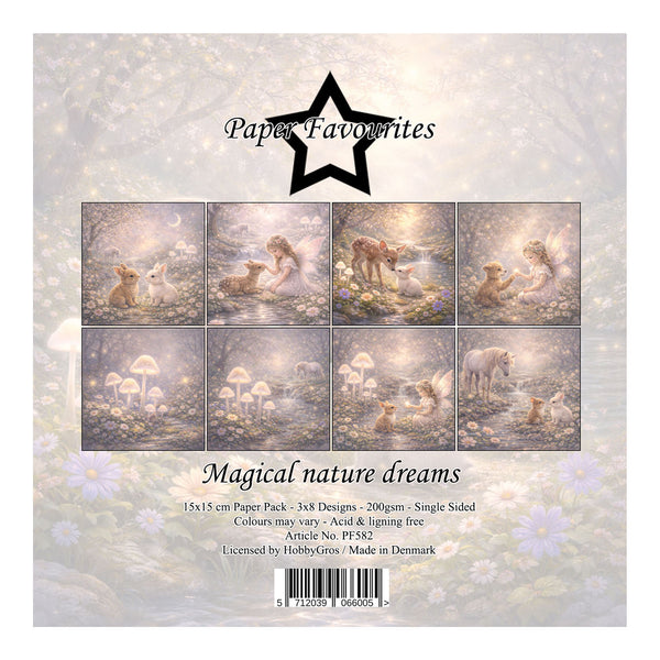 Packaging of 'Magical Nature Dreams' paper pack by Paper Favourites with illustrations of children and animals in a forest setting.