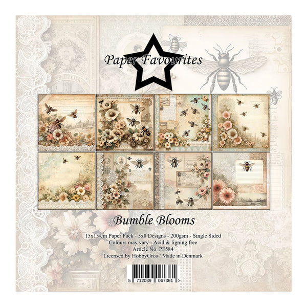 Packaging of 'Bumble Blooms' paper pack with floral and bee designs on a decorative background.