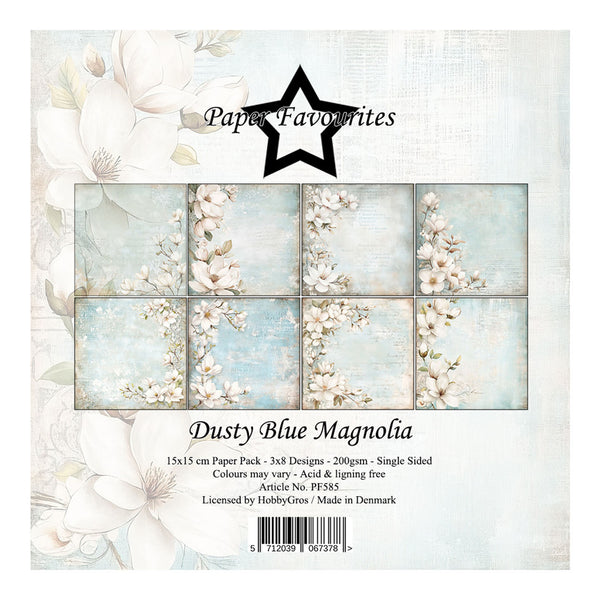 Packaging of 'Dusty Blue Magnolia' paper pack with floral design and 'Paper Favourites' branding.
