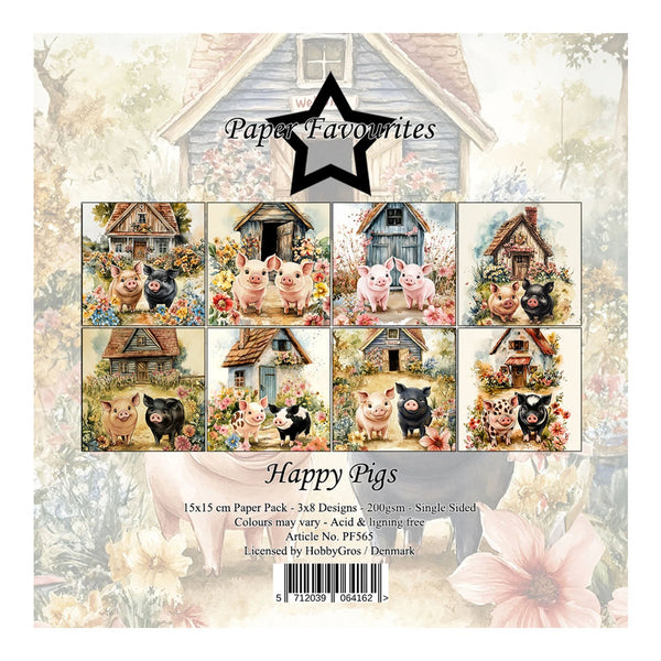 Packaging of 'Happy Pigs' paper pack with illustrations of pigs and houses on a decorative background.