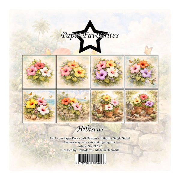 Packaging of 'Hibiscus' paper pack with floral designs and 'Paper Favourites' branding.