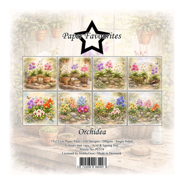 Packaging of 'Orchidea' paper pack with floral designs on a neutral background.