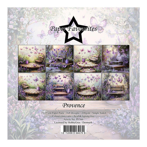 Packaging of 'Provençe' paper with scenic designs and butterfly illustrations.