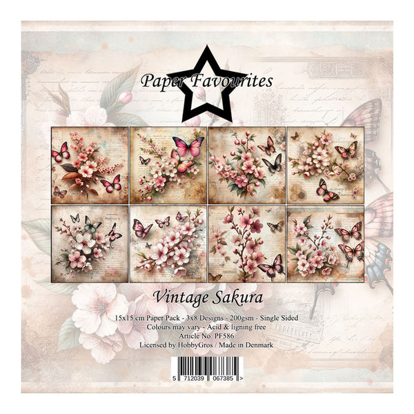 Packaging of 'Vintage Sakura' paper pack with floral and butterfly designs.
