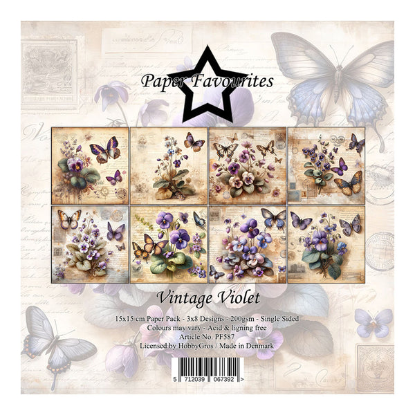 Packaging of 'Vintage Violet' paper pack with butterfly and floral designs on a neutral background.