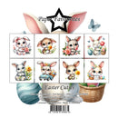 Packaging of Easter-themed stickers with cute bunny designs and decorative elements.
