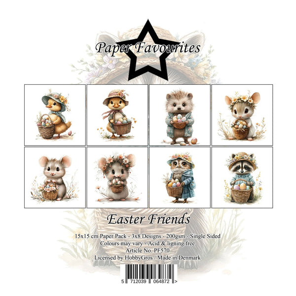 Packaging of 'Easter Friends' paper pack with illustrations of animals holding Easter baskets.