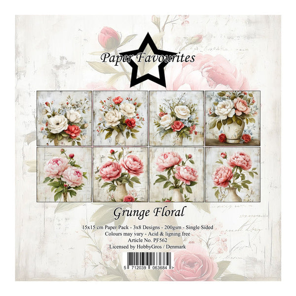Packaging of 'Grunge Floral' paper pack with floral designs on a white background.