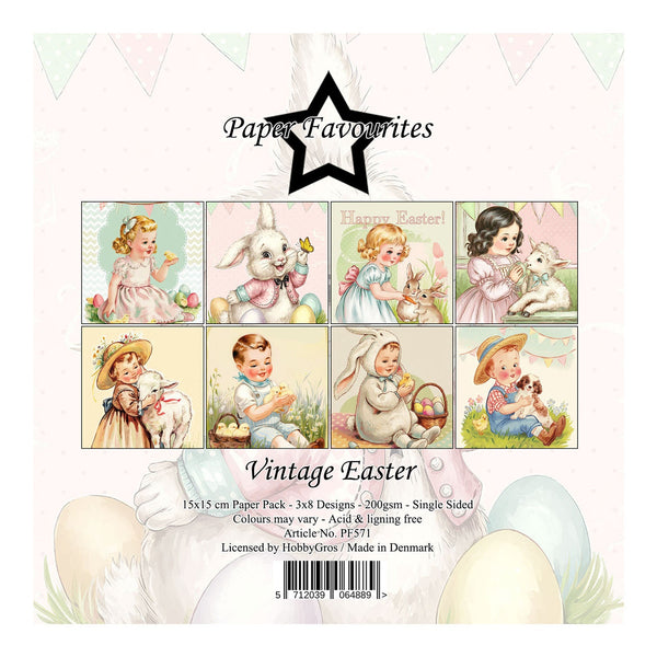 Vintage Easter-themed paper pack with illustrations of children and animals on a white background.