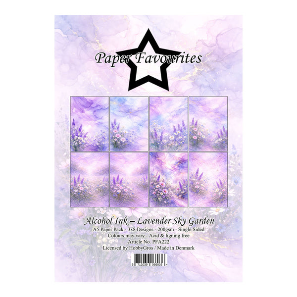 Packaging of Paper Favourites alcohol ink paper with lavender design on a light purple background.