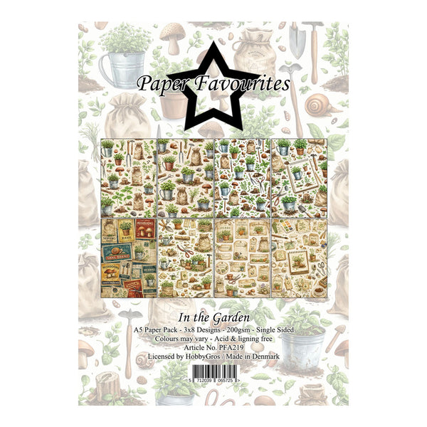 Packaging of 'In the Garden' paper pack by Paper Favourites with gardening-themed illustrations.