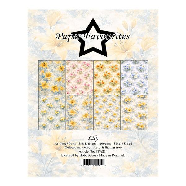 Pack of paper with floral designs by Paper Favourites, featuring a star logo and product details.