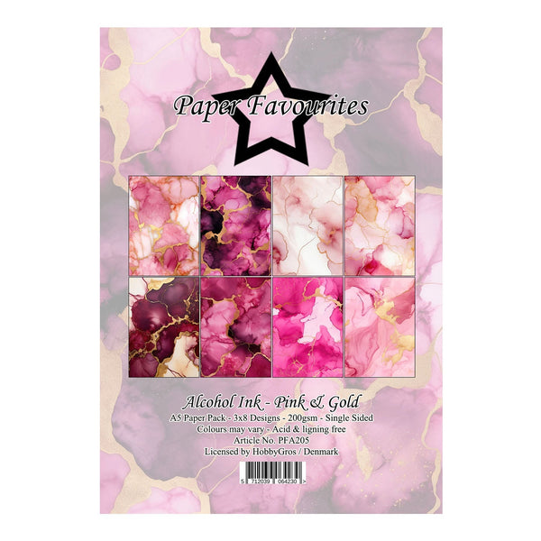 Pack of Paper Favourites alcohol ink paper with pink and gold marbled design on a white background.