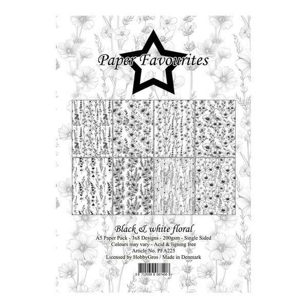 Packaging of 'Paper Favourites' black and white floral paper with a star logo.